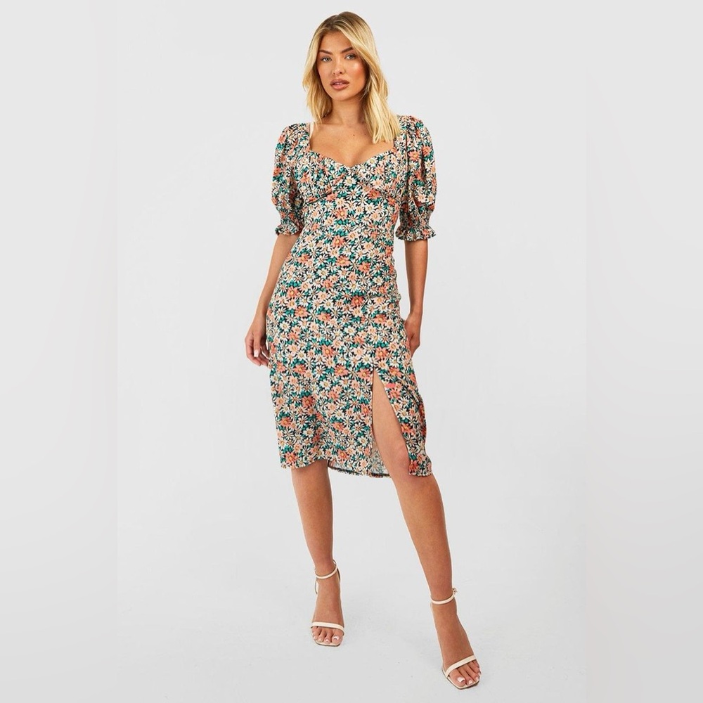 Boohoo Floral Puff Sleeve Slit Front Midi Dress